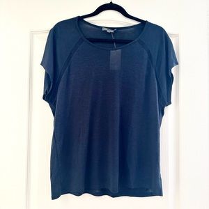 Vince Semi Sheer Short Sleeved Scoop Neck Navy Blue Top with Mesh Detailing
